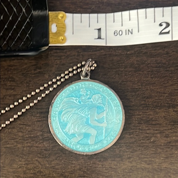 Sterling Silver & Aqua Enamel St. Christopher Medal - Picture 4 of 5